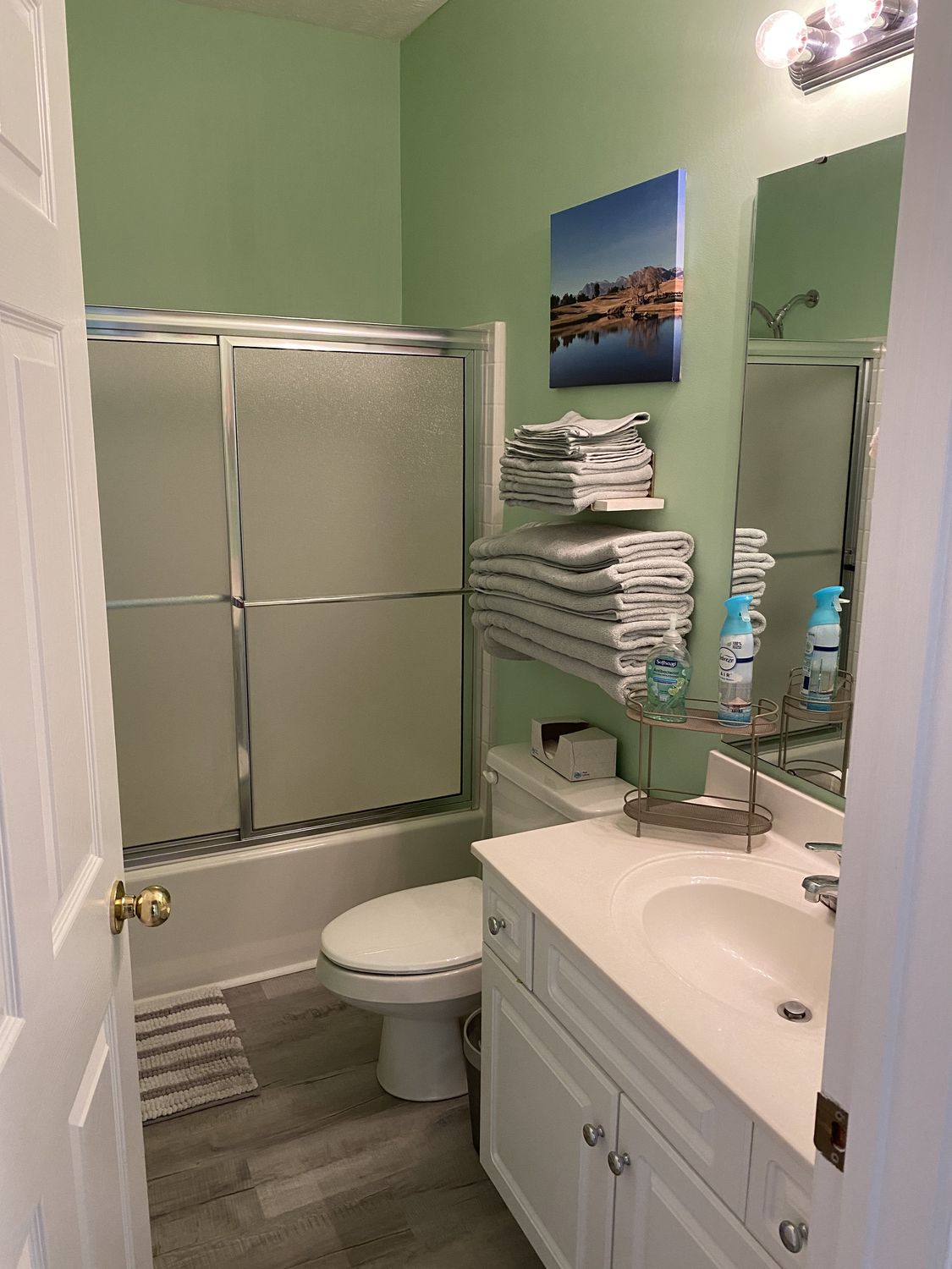 Guest bathroom with shower and stacked towels at 601 Hillside Dr N