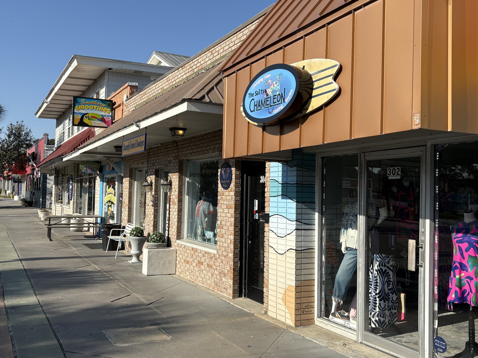 Deckerz bar and arcade with colorful Adirondack chairs on Main Street North Myrtle Beach