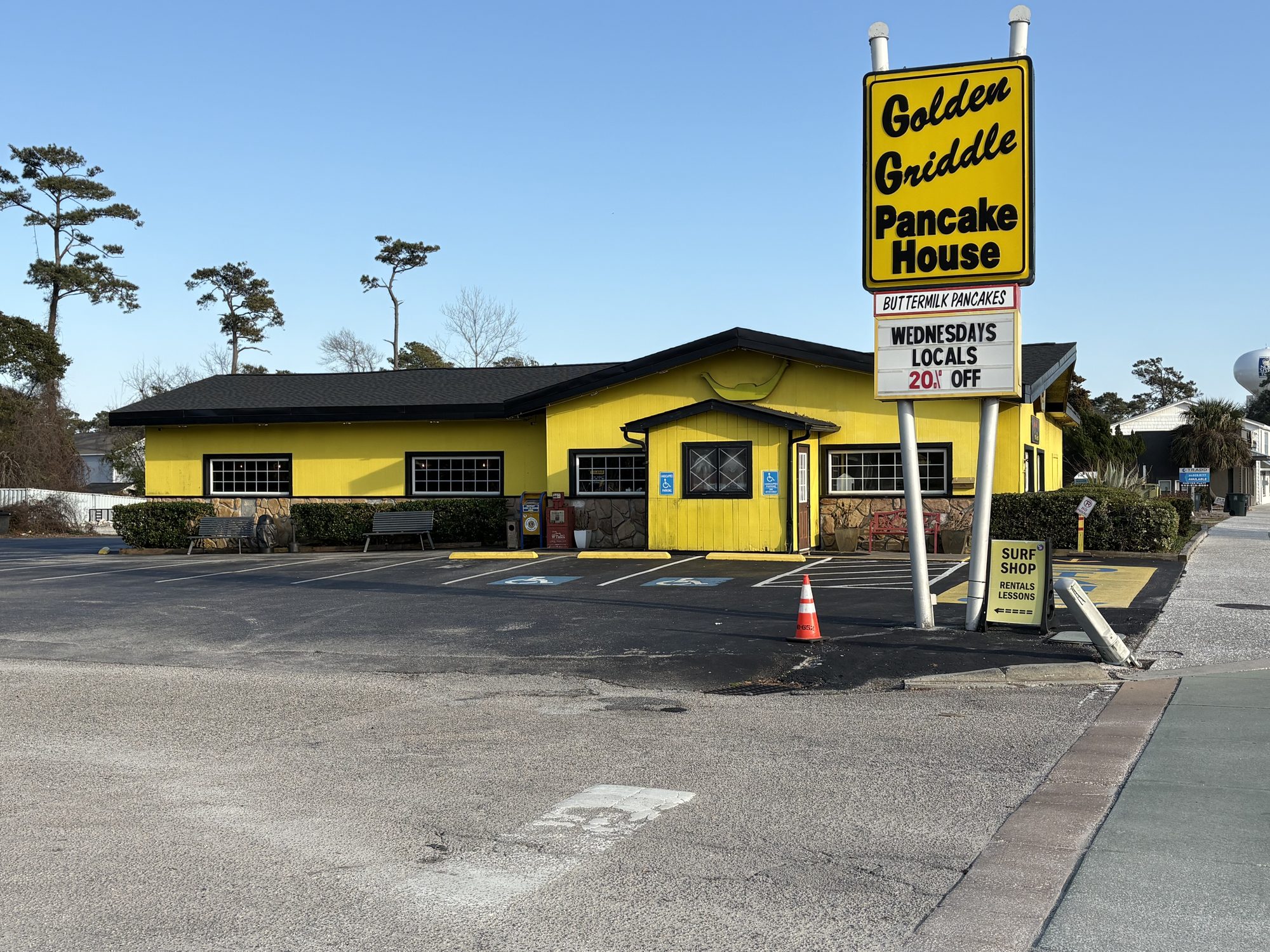 Golden Griddle Pancake House yellow building and sign on Main Street near North Myrtle Beach