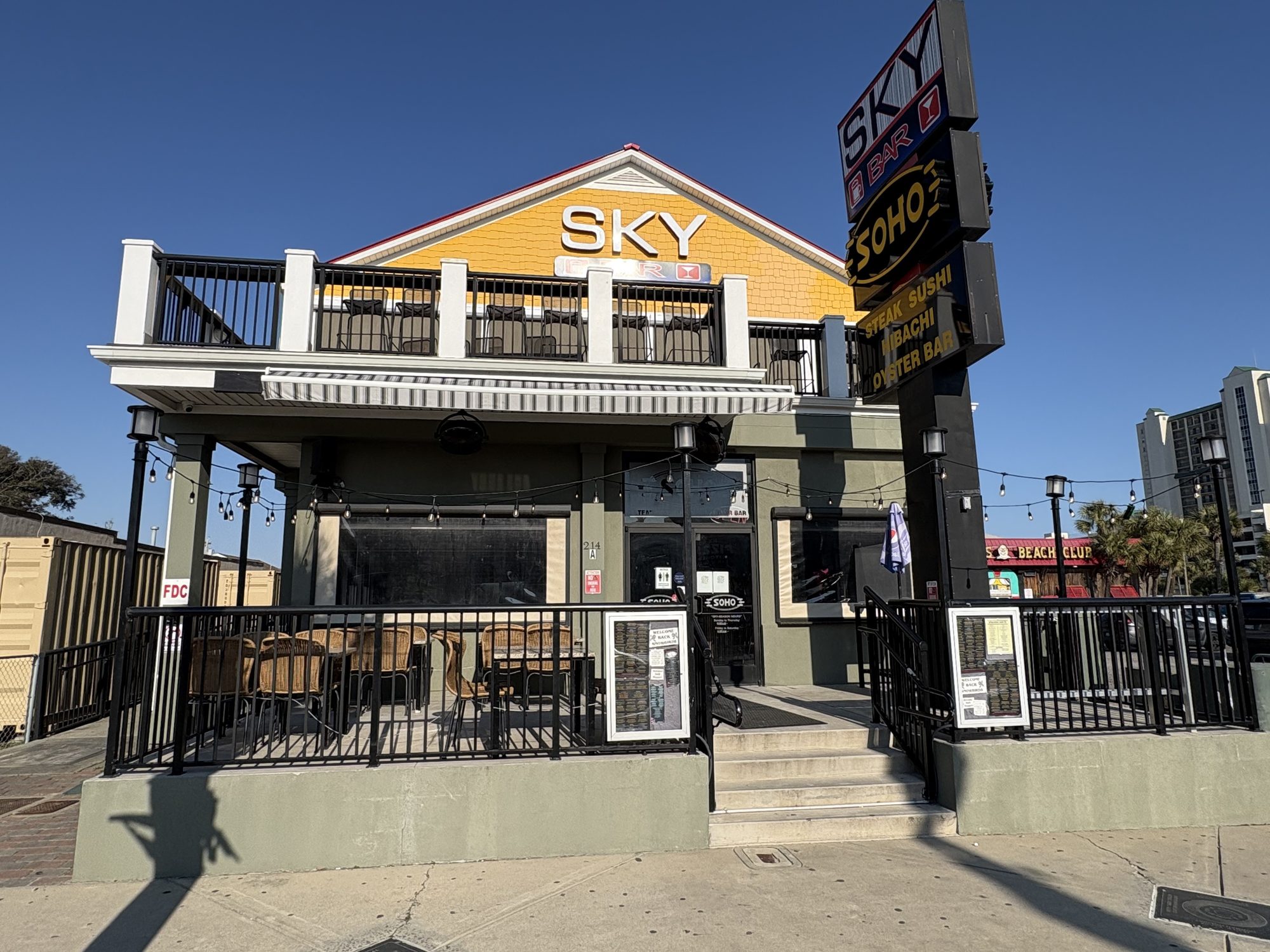 Soho restaurant and Sky Bar rooftop on Main Street in North Myrtle Beach